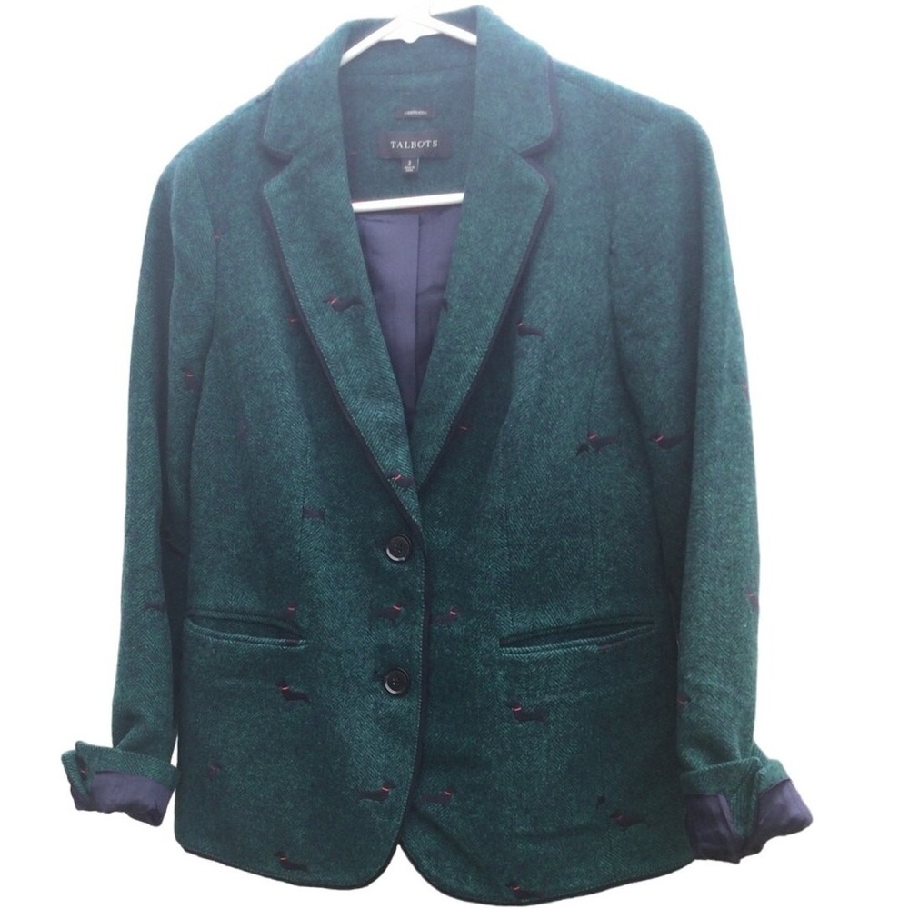Talbots Aberdeen Tweed Embroidered Dachshund Dog Blazer Green Old Money Preppy